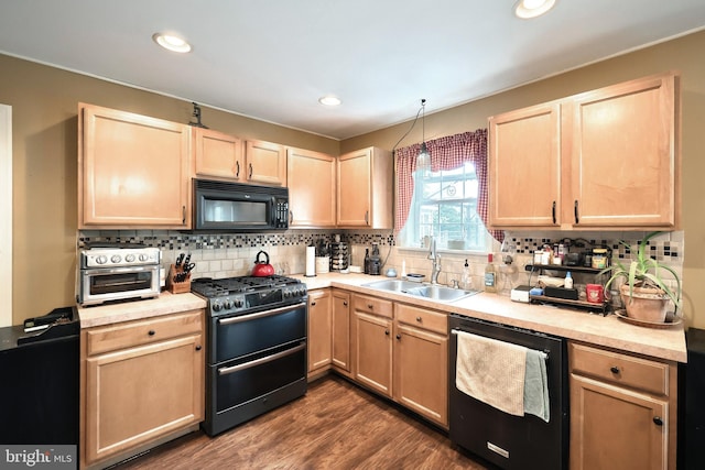 365 Apple Tree Ln, Mount Wolf, PA 17347 - kitchen featuring black appliances, light brown cabinetry, a sink, dark wood-style flooring, and decorative backsplash