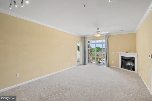 8603 Wintergreen Ct Unit 201, Odenton, MD 21113 - unfurnished living room featuring ornamental molding, carpet flooring, a glass covered fireplace, baseboards, and ceiling fan