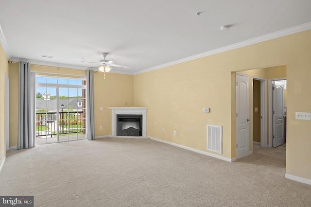 8603 Wintergreen Ct Unit 201, Odenton, MD 21113 - unfurnished living room with ornamental molding, ceiling fan, carpet flooring, baseboards, and a glass covered fireplace