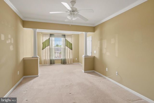 8603 Wintergreen Ct Unit 201, Odenton, MD 21113 - unfurnished room with decorative columns, carpet flooring, crown molding, a ceiling fan, and baseboards