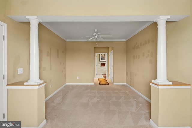 8603 Wintergreen Ct Unit 201, Odenton, MD 21113 - spare room with ceiling fan, ornate columns, light carpet, ornamental molding, and baseboards