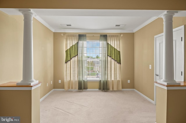8603 Wintergreen Ct Unit 201, Odenton, MD 21113 - unfurnished living room featuring ornate columns, ornamental molding, carpet floors, and baseboards