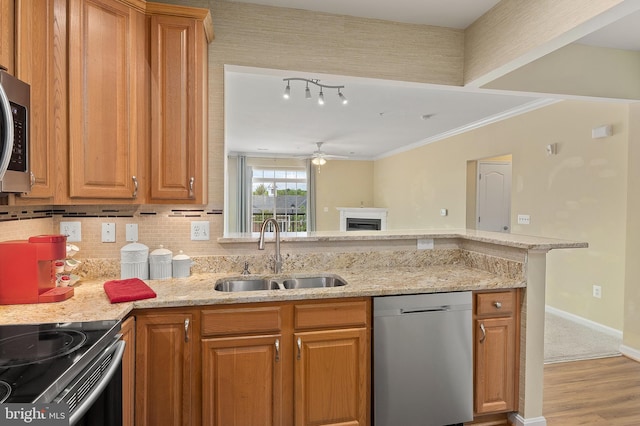 8603 Wintergreen Ct Unit 201, Odenton, MD 21113 - kitchen with appliances with stainless steel finishes, a sink, ceiling fan, light stone countertops, and a fireplace