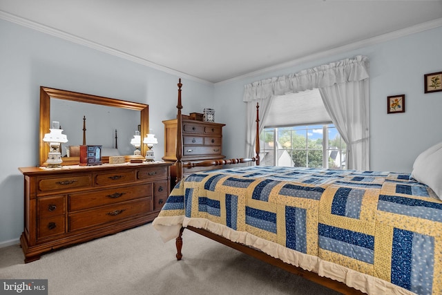 carpeted bedroom featuring ornamental molding