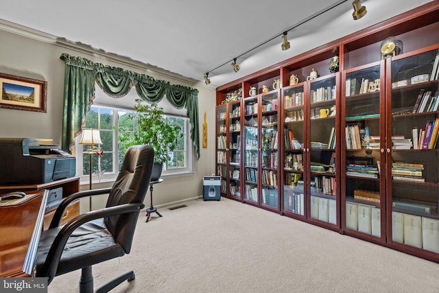 carpeted office space with rail lighting, baseboards, ornamental molding, and visible vents