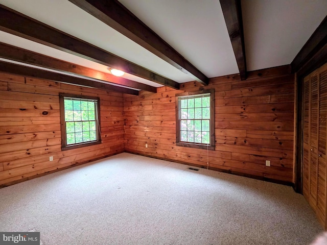 5925 Huntingtown Rd, Huntingtown, MD 20639 - carpeted empty room featuring a healthy amount of sunlight, beamed ceiling, and wood walls