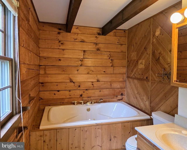 5925 Huntingtown Rd, Huntingtown, MD 20639 - bathroom with vanity, wood walls, beam ceiling, toilet, and a tub