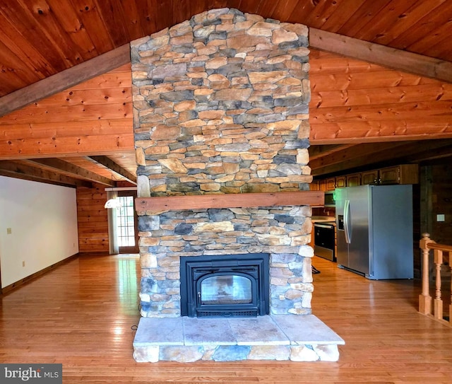 5925 Huntingtown Rd, Huntingtown, MD 20639 - unfurnished living room featuring wooden ceiling, baseboards, beamed ceiling, and light wood-style flooring