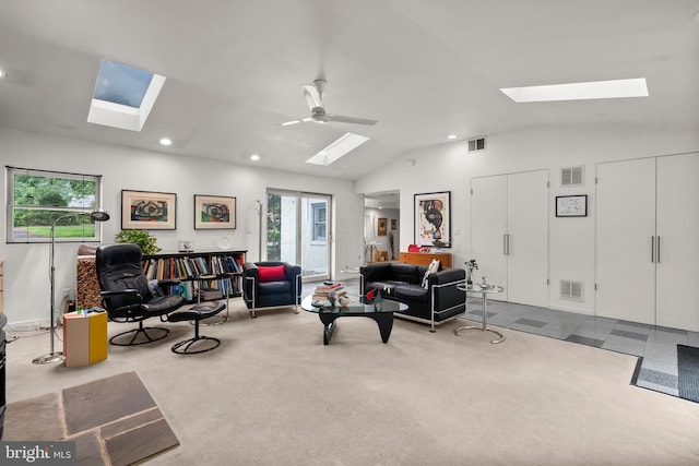 15708 Thompson Rd, Silver Spring, MD 20905 - carpeted living area featuring a skylight, lofted ceiling, recessed lighting, and ceiling fan