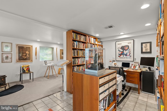 15708 Thompson Rd, Silver Spring, MD 20905 - office space featuring a wood stove, light tile patterned flooring, recessed lighting, and light colored carpet