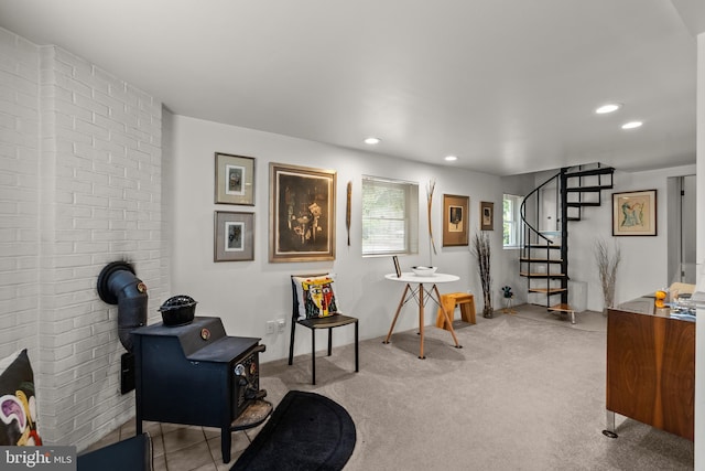 15708 Thompson Rd, Silver Spring, MD 20905 - living area with stairway, recessed lighting, carpet floors, and a wood stove