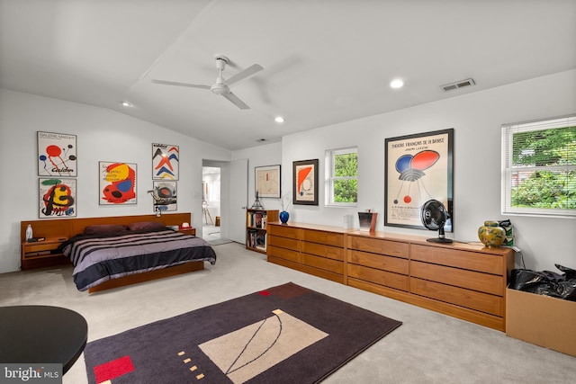 15708 Thompson Rd, Silver Spring, MD 20905 - bedroom featuring vaulted ceiling, recessed lighting, light colored carpet, and a ceiling fan