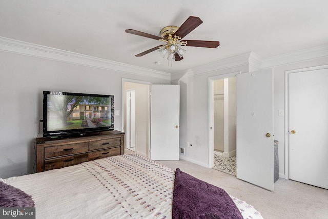 bedroom featuring ornamental molding, carpet floors, ceiling fan, and baseboards