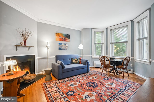 living area featuring a lit fireplace, crown molding, wood finished floors, baseboards, and a baseboard radiator