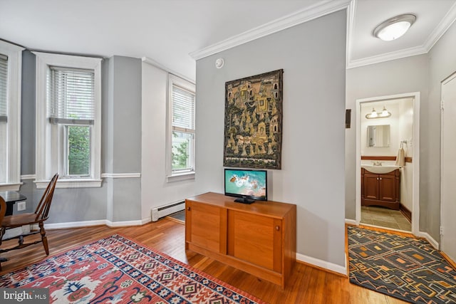 office space with crown molding, wood finished floors, a sink, baseboards, and a baseboard radiator