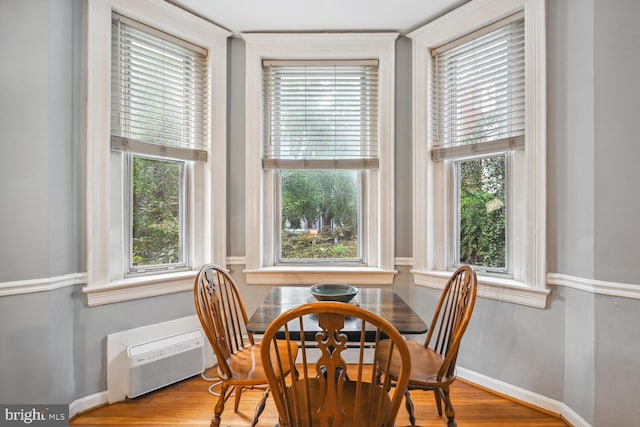 dining room with baseboards, wood finished floors, and a healthy amount of sunlight