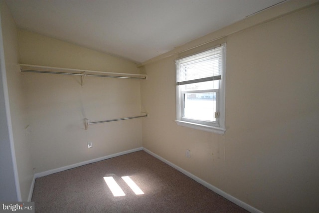 walk in closet featuring carpet floors and vaulted ceiling