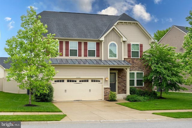 8365 Eagle St, Glen Burnie, MD 21060 - view of front of home with a standing seam roof, stone siding, a garage, driveway, and roof with shingles