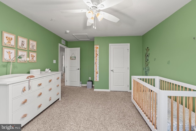 8365 Eagle St, Glen Burnie, MD 21060 - bedroom with light carpet, a nursery area, baseboards, attic access, and ceiling fan