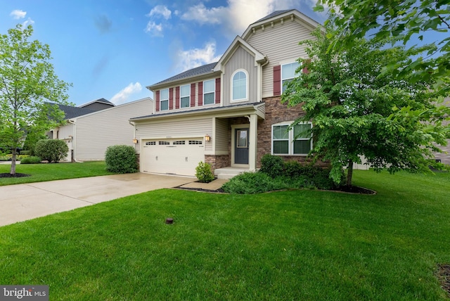8365 Eagle St, Glen Burnie, MD 21060 - view of front of house with stone siding, a garage, concrete driveway, a front lawn, and board and batten siding