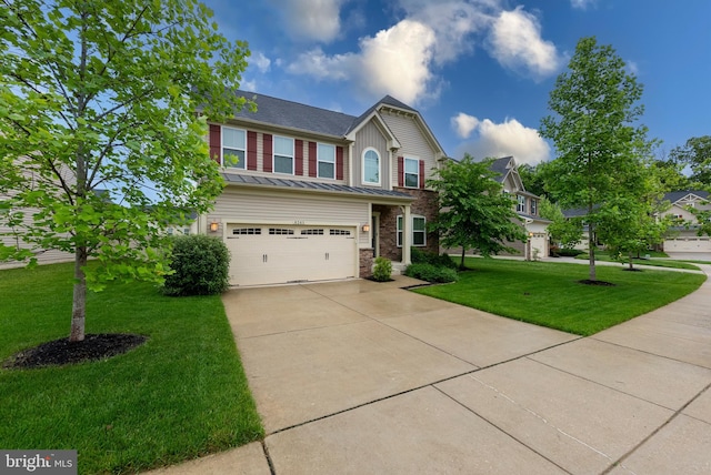 8365 Eagle St, Glen Burnie, MD 21060 - view of front of house featuring a garage, driveway, a front yard, board and batten siding, and a standing seam roof