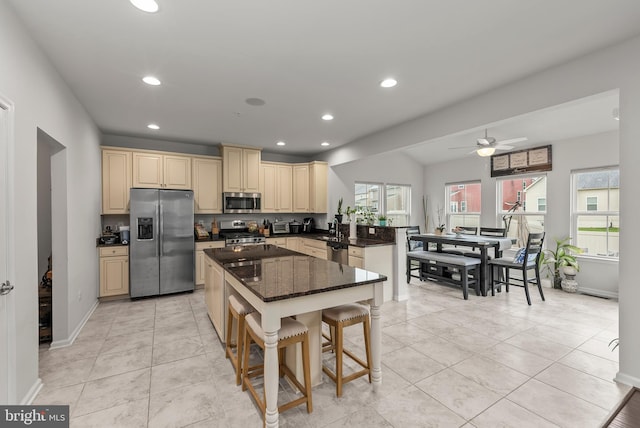 8365 Eagle St, Glen Burnie, MD 21060 - kitchen with appliances with stainless steel finishes, a peninsula, recessed lighting, a center island, and a ceiling fan
