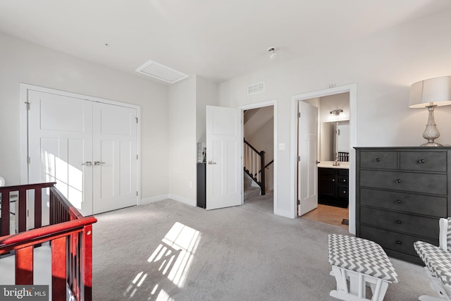 9912 Vista Pointe Dr, Upper Marlboro, MD 20774 - bedroom featuring visible vents, a sink, baseboards, a closet, and light carpet