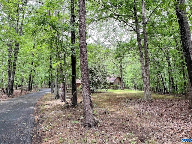 exterior space featuring a view of trees and aphalt driveway