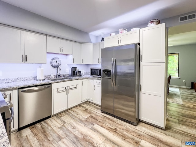 kitchen with visible vents, light wood-type flooring, white cabinets, a sink, and stainless steel appliances