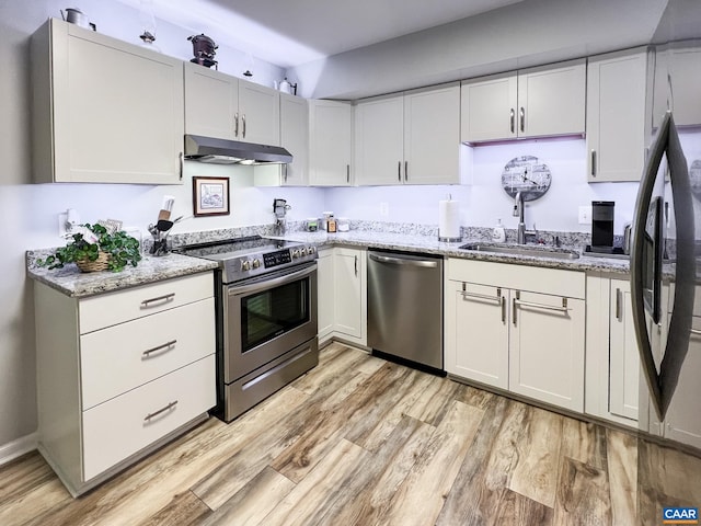 kitchen with light stone countertops, under cabinet range hood, a sink, light wood finished floors, and appliances with stainless steel finishes
