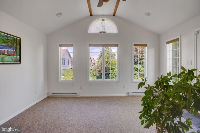 169 Lantern Ln, Chambersburg, PA 17201 - unfurnished room with a baseboard radiator, a ceiling fan, vaulted ceiling, and carpet flooring