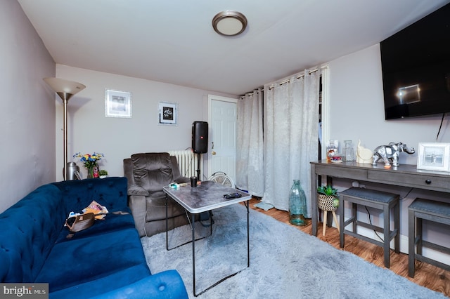 living area with radiator heating unit and wood finished floors