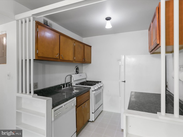 kitchen with white appliances, a sink, brown cabinets, dark countertops, and electric panel
