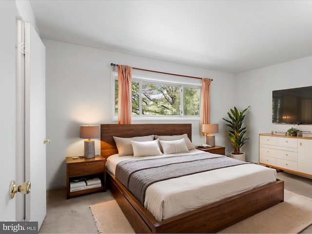 bedroom featuring light colored carpet