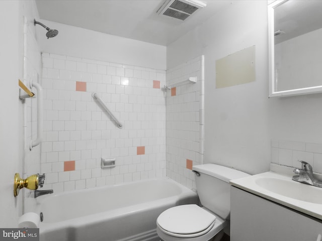 full bath with toilet, vanity, and shower / bathtub combination