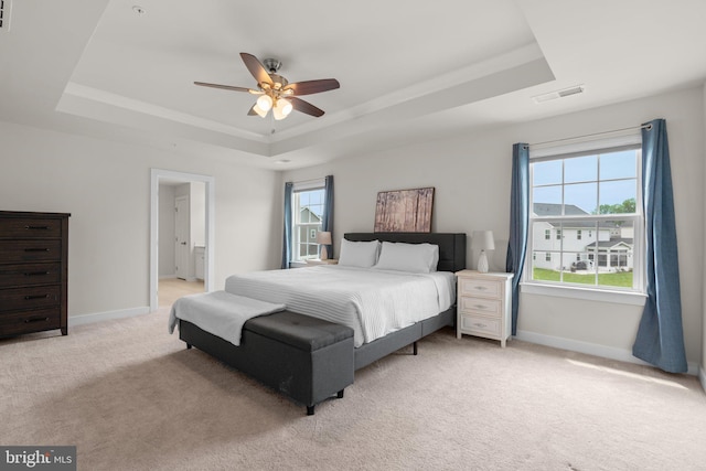 3150 Dodder Way, Odenton, MD 21113 - bedroom featuring a tray ceiling, light carpet, baseboards, and ceiling fan