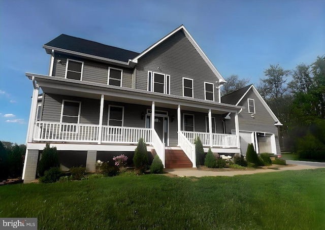 view of front facade featuring a garage, a porch, and a front yard