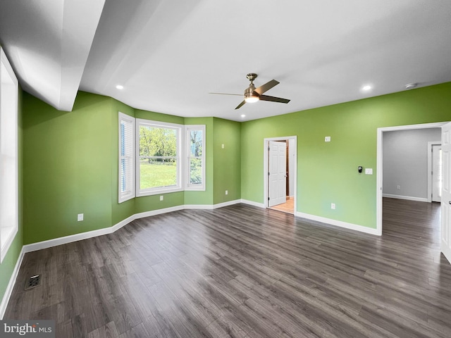 77 Iris Way, Charles Town, WV 25414 - unfurnished living room with ceiling fan, baseboards, dark wood finished floors, and recessed lighting