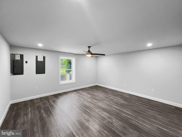 77 Iris Way, Charles Town, WV 25414 - spare room featuring electric panel, a ceiling fan, dark wood finished floors, baseboards, and recessed lighting