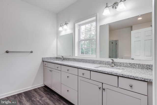 full bathroom with a sink, double vanity, a shower stall, and wood finished floors