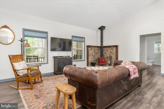 living area featuring baseboards, a wood stove, and wood finished floors