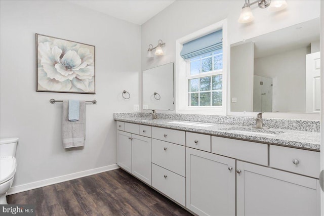 full bathroom featuring double vanity, a sink, wood finished floors, and toilet