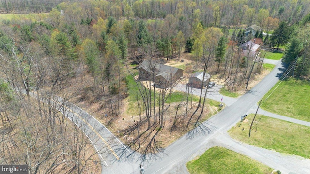 birds eye view of property featuring a view of trees