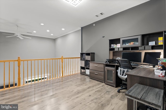 office with ceiling fan, crown molding, wood finished floors, and recessed lighting