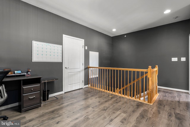office area with wood finished floors, baseboards, and recessed lighting
