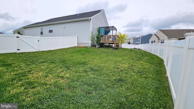 view of yard featuring a fenced backyard, a gate, and a deck