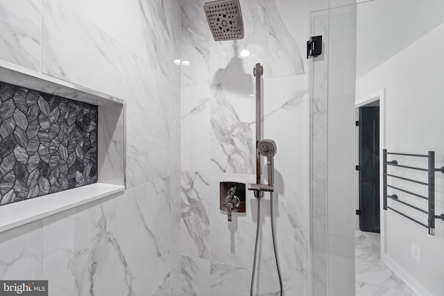 14875 Buckingham Ct, Issue, MD 20645 - full bath featuring a marble finish shower, marble look tiles, and a towel warmer