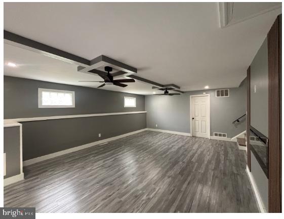 7204 Croydon Rd, Baltimore, MD 21207 - unfurnished living room with ceiling fan, wood finished floors, baseboards, and recessed lighting