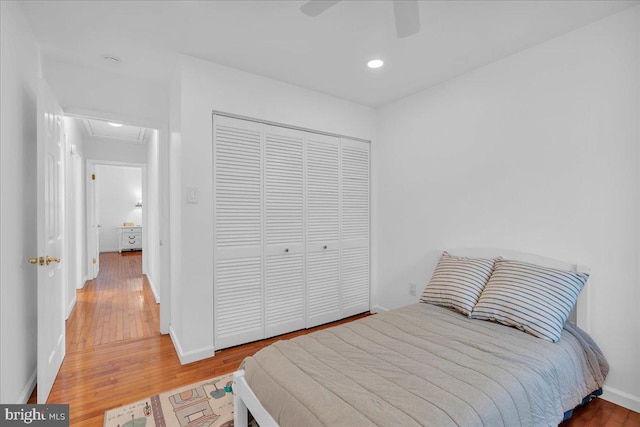107 Forest Ave, Medford, NJ 08055 - bedroom with wood-type flooring, a closet, attic access, baseboards, and recessed lighting