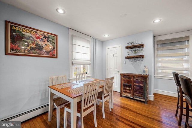4037 Mitchell St, Philadelphia, PA 19128 - dining area with baseboards, a baseboard radiator, recessed lighting, and wood finished floors
